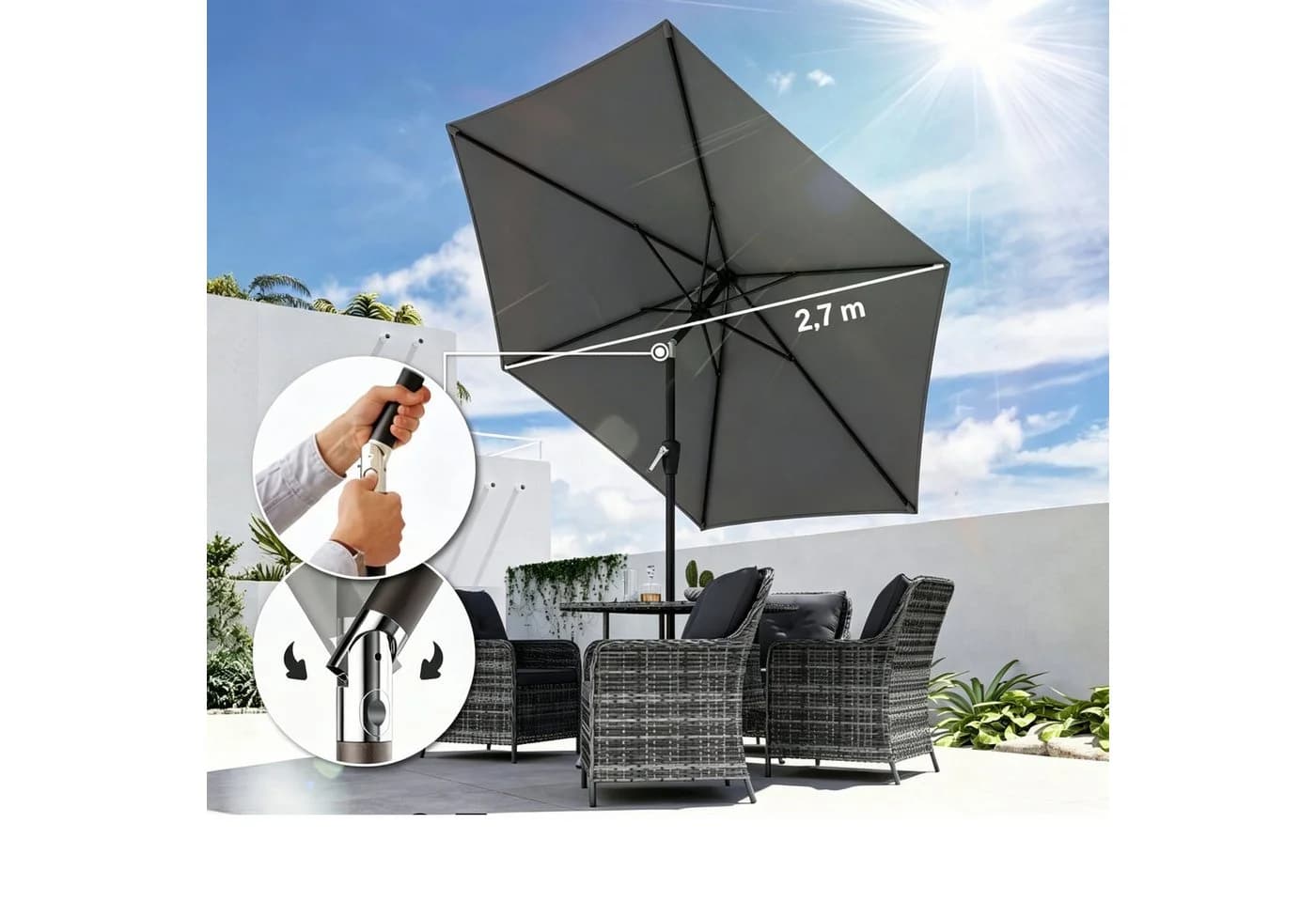 wohnTRAUM24 Sonnenschirm 270 cm knickbar Balkonschirm mit Kurbel Grau - Bild 2