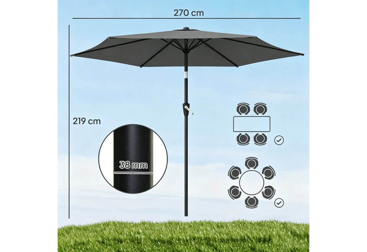 wohnTRAUM24 Sonnenschirm 270 cm knickbar Balkonschirm mit Kurbel Grau - Bild 4