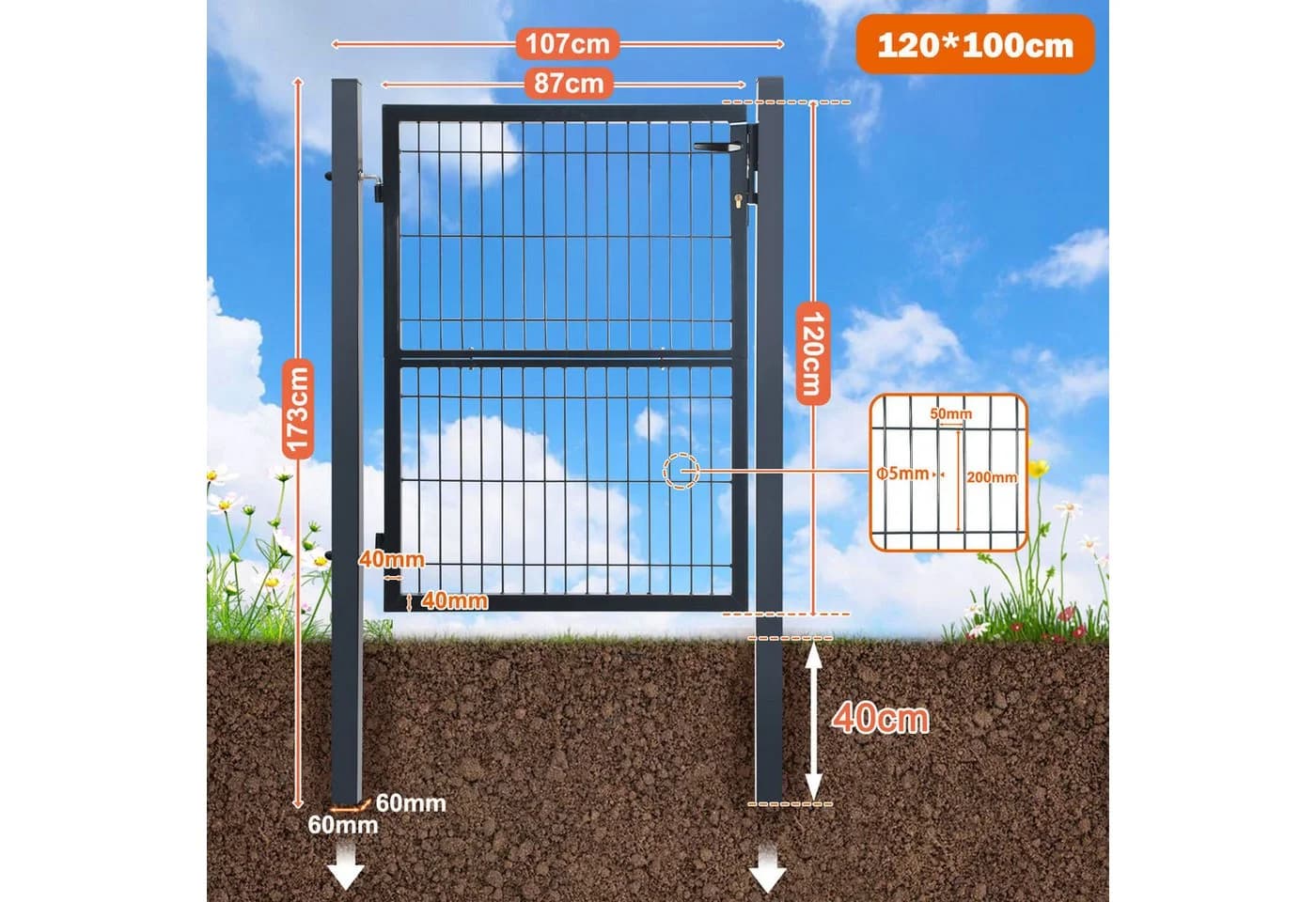 Clanmacy Gartentor 120cm Doppelstabmatten Anthrazit