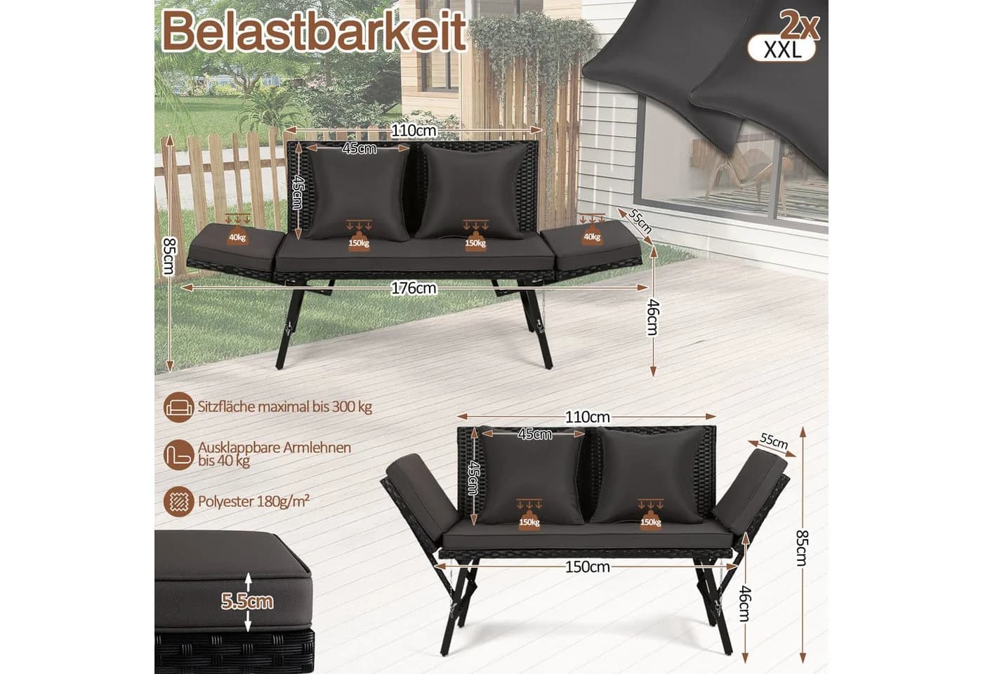 Clanmacy Gartenbank 3-Sitzer Poly Rattan Grau Klappbar