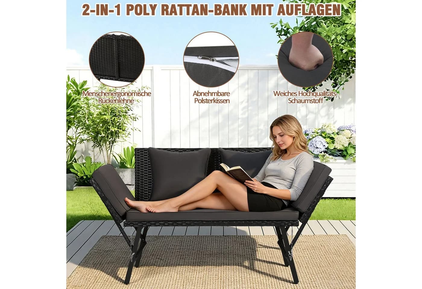 Clanmacy Gartenbank 3-Sitzer Poly Rattan Grau Klappbar - Bild 3
