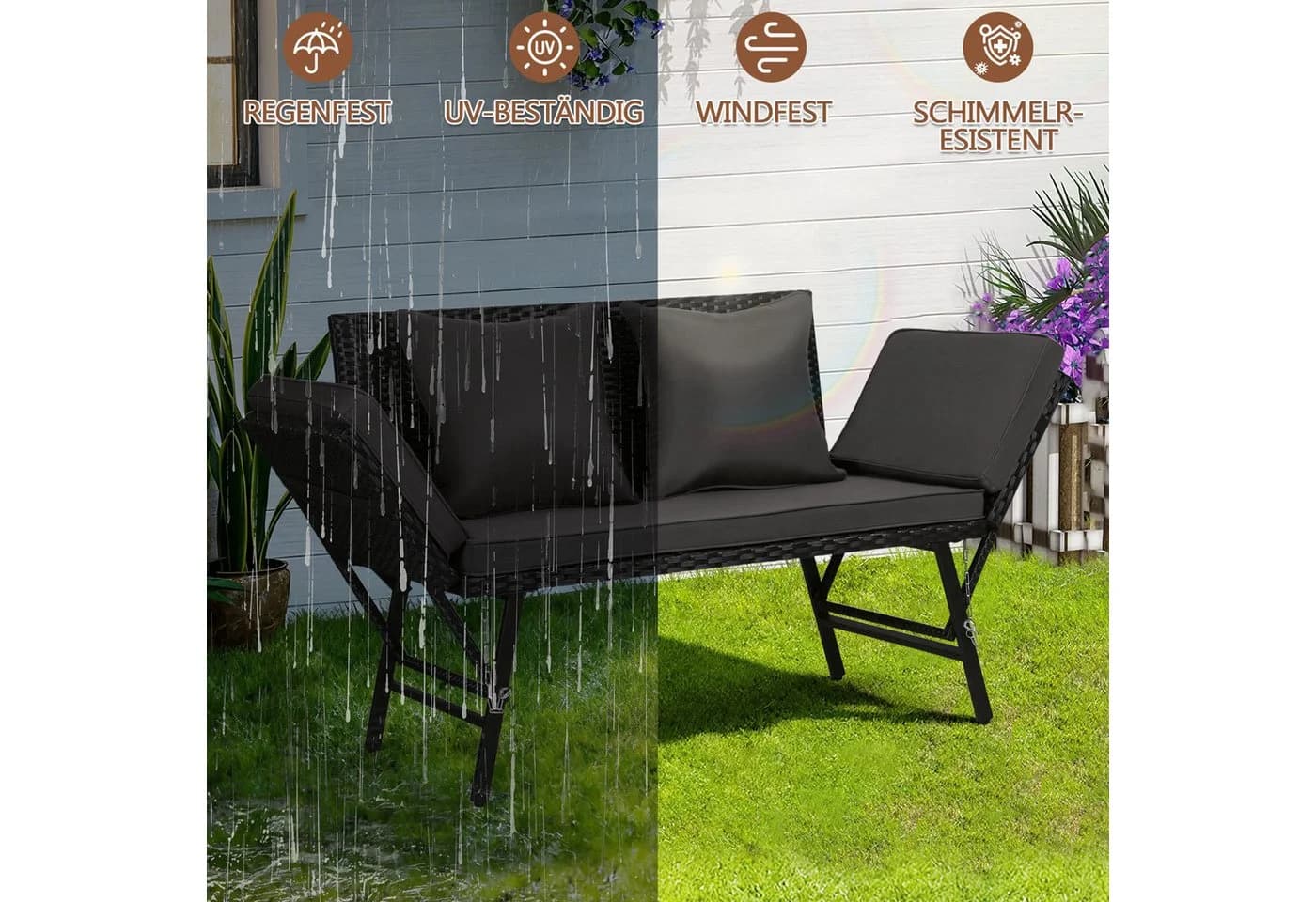 Clanmacy Gartenbank 3-Sitzer Poly Rattan Grau Klappbar - Bild 4