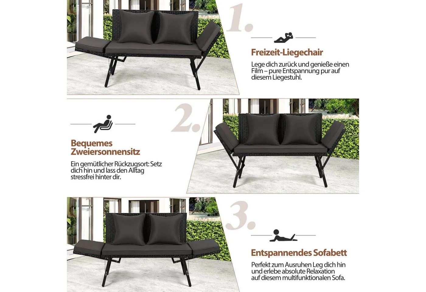 Clanmacy Gartenbank 3-Sitzer Poly Rattan Grau Klappbar - Bild 5