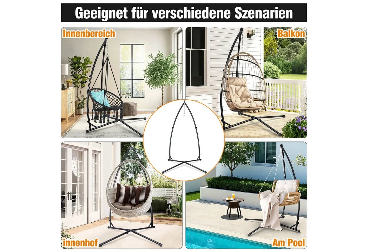 Clanmacy Hängestuhlgestell Schwarz Metall 150kg Tragkraft - Bild 3
