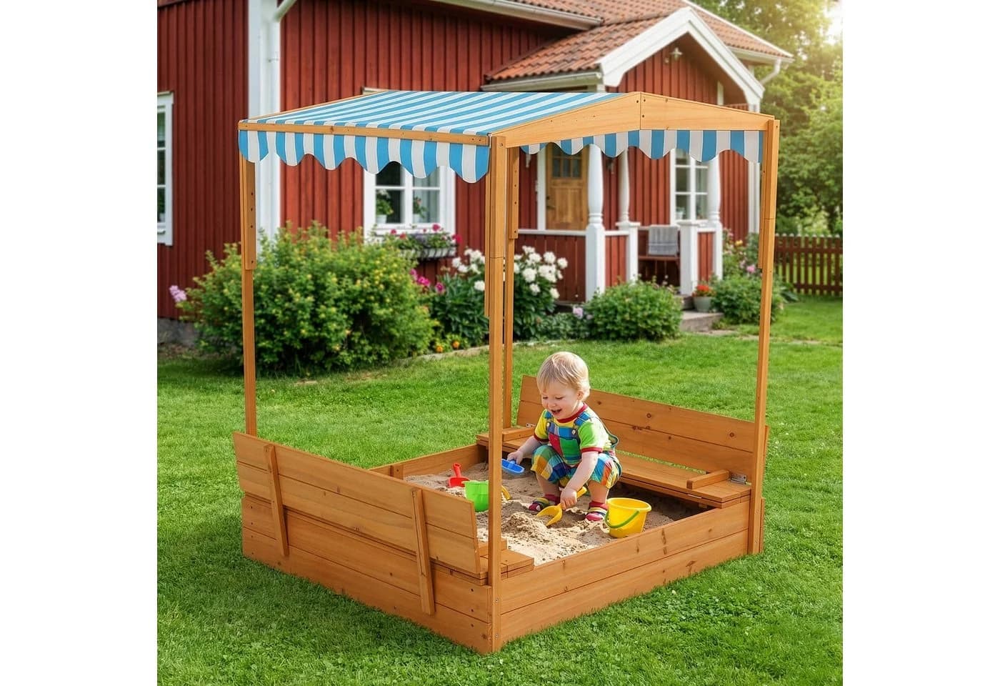 LALAHO Sandkasten mit Dach und Sitzbänken aus massivem Holz