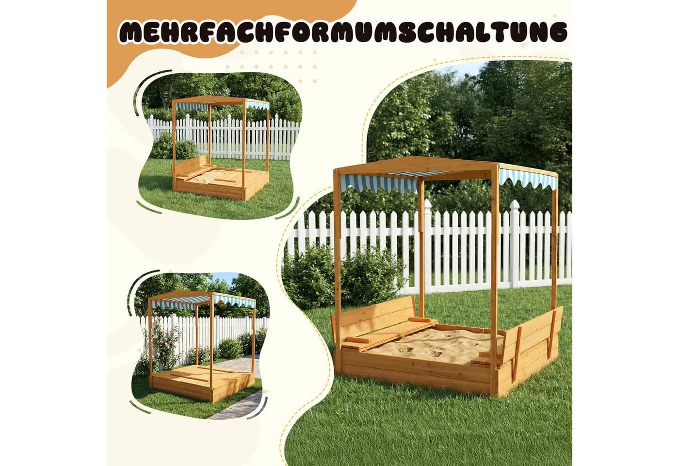 LALAHO Sandkasten mit Dach und Sitzbänken aus massivem Holz - Bild 5