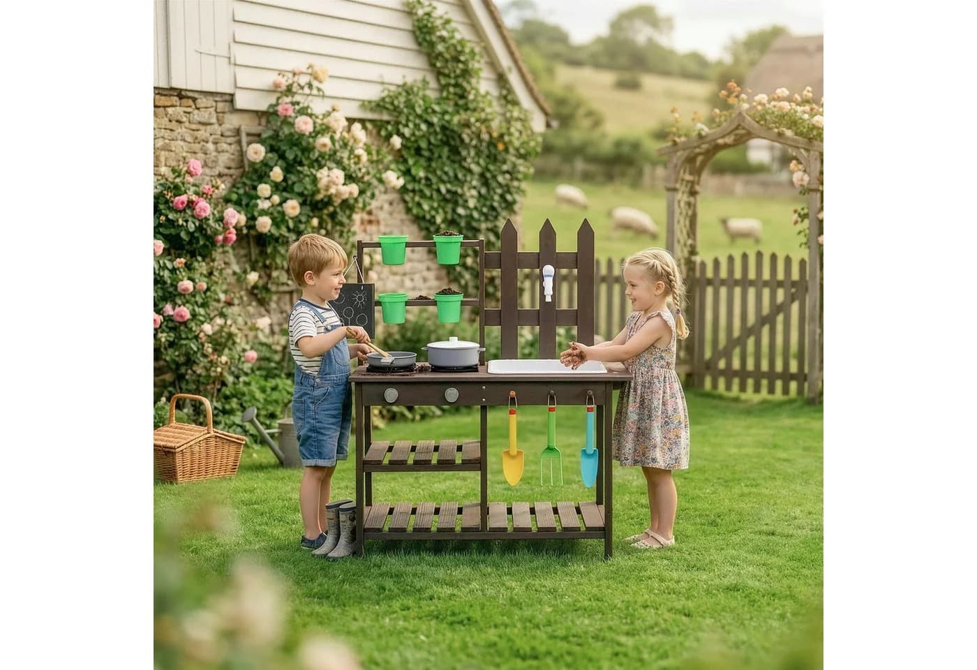 LALAHO Outdoor-Spielküche Holz Matschküche mit Wasserhahn & Garten-Set