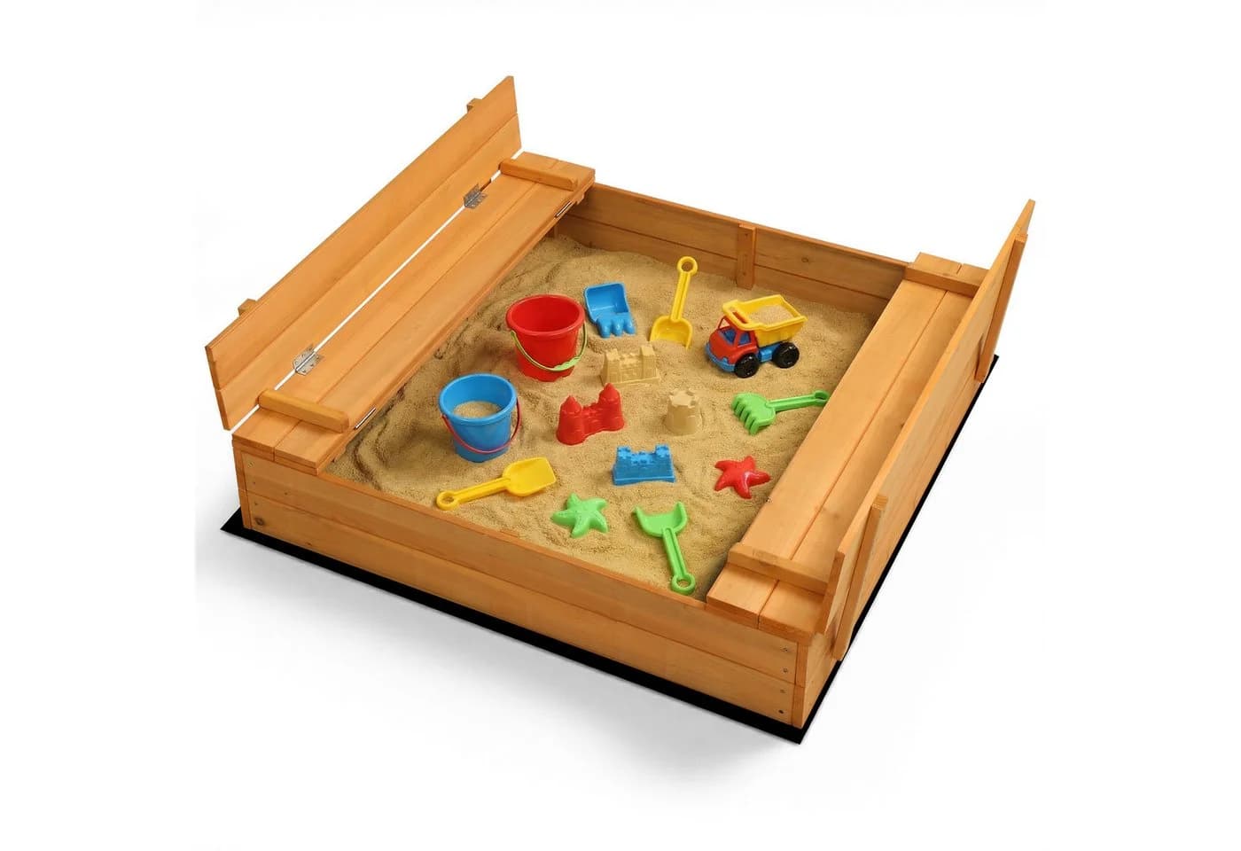LALAHO Sandkasten Holz 110x110 cm mit Sitzbänken und Abdeckung - Bild 2