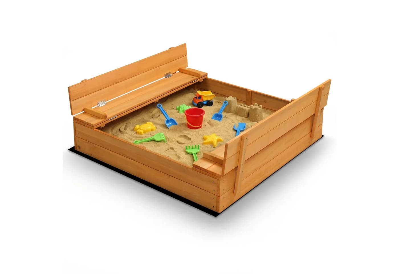 LALAHO Sandkasten Holz 110x110 cm mit Sitzbänken und Abdeckung - Bild 4