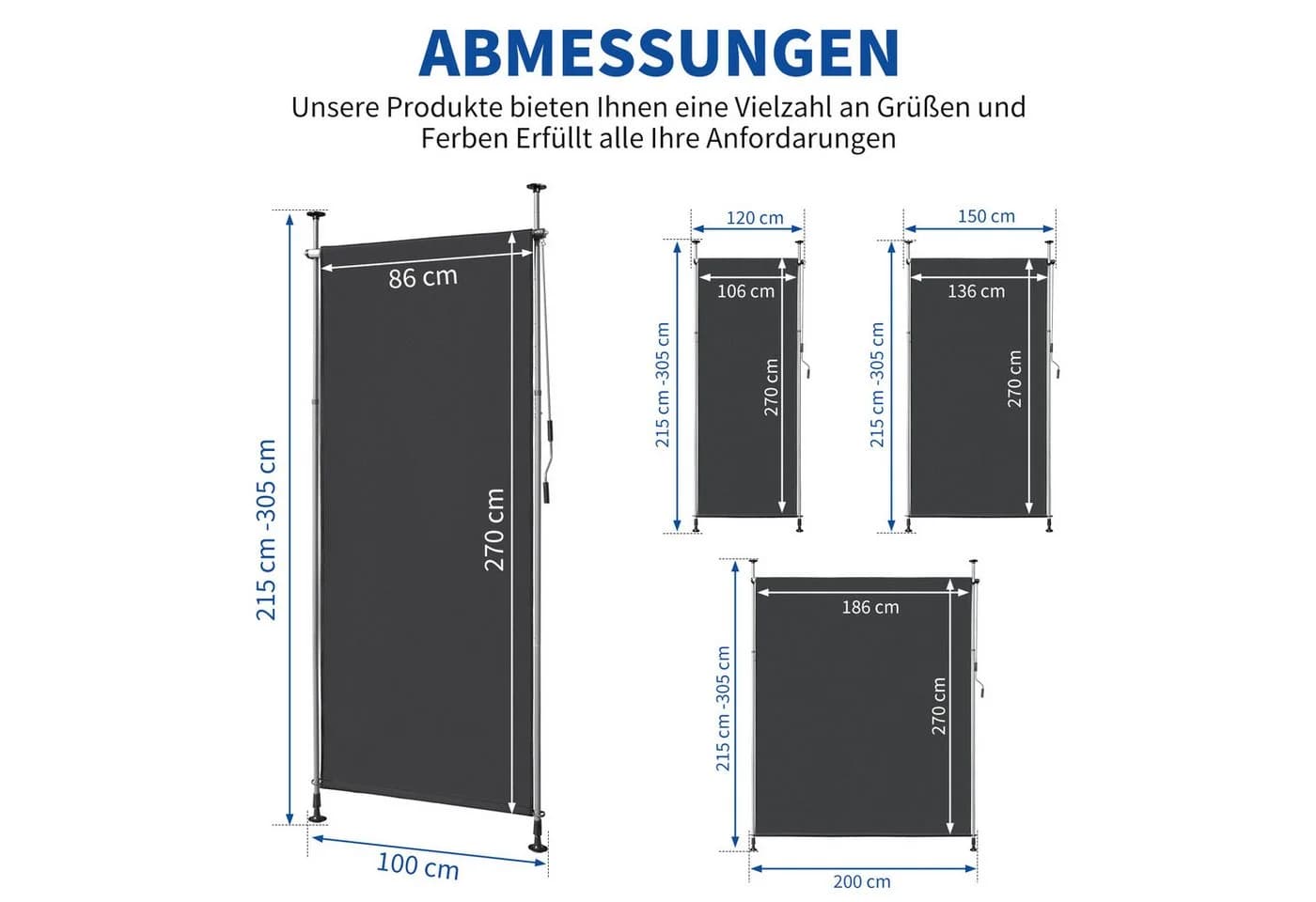 LALAHO Senkrechtmarkise Klemmmarkise Außen Balkon Sonnenschutz Grau