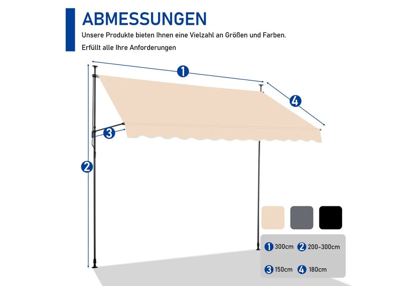 LALAHO Balkonmarkise 200/250/300cm Gelenkarm Markise UV-beständig wasserdicht - Bild 5