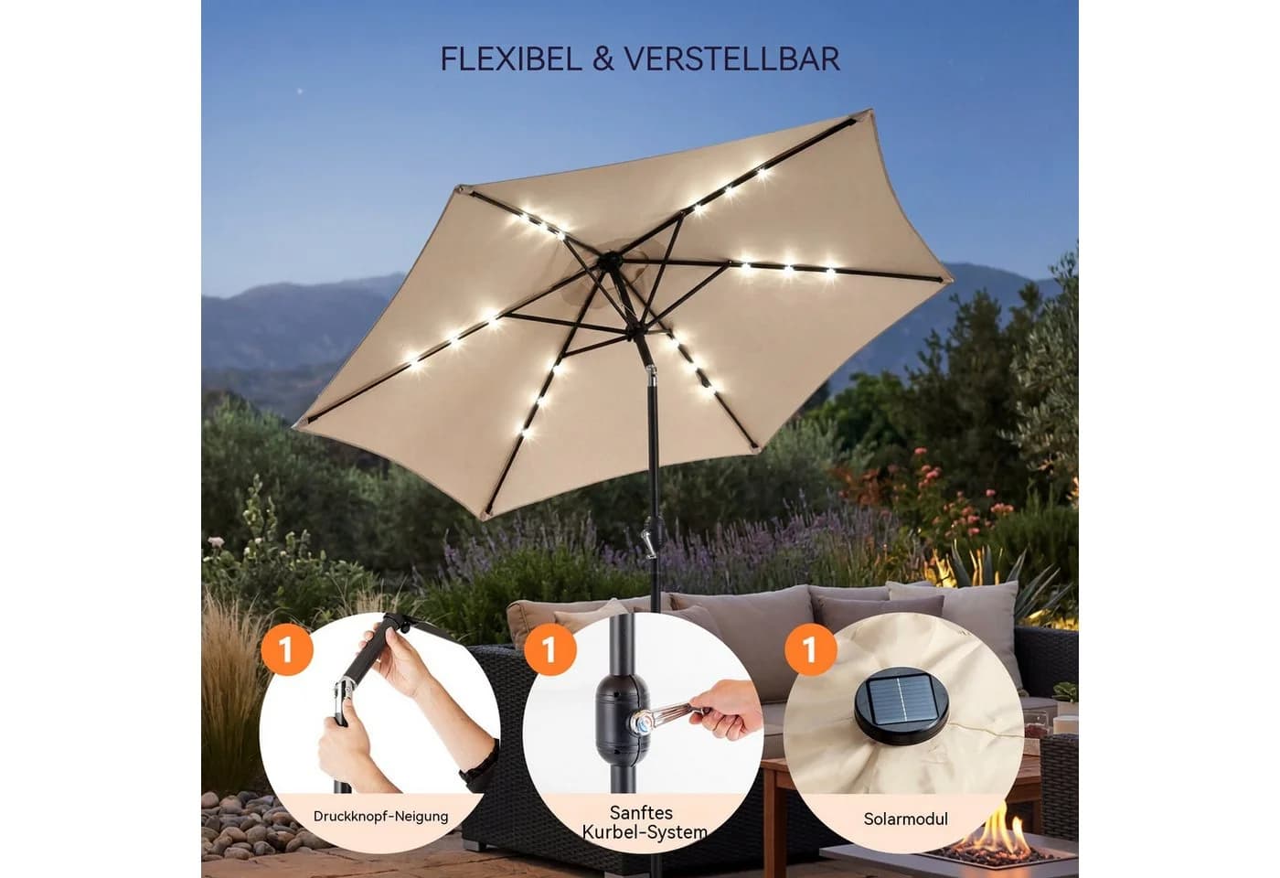LALAHO Sonnenschirm Ø266cm mit Solar LED Beleuchtung, Kurbel & Neigung, Beige