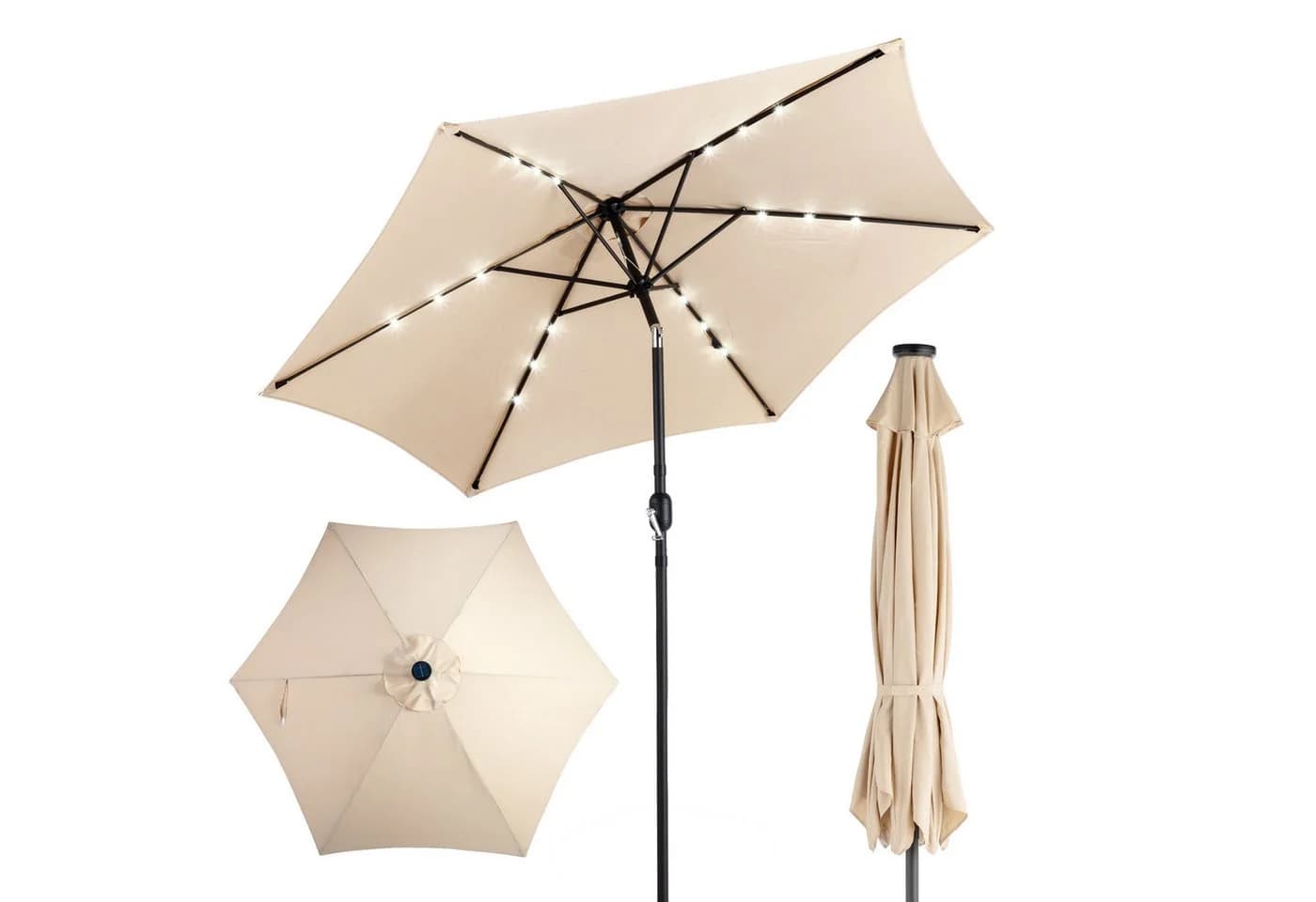 LALAHO Sonnenschirm Ø266cm mit Solar LED Beleuchtung, Kurbel & Neigung, Beige - Bild 2