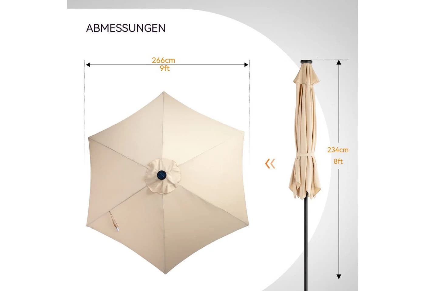 LALAHO Sonnenschirm Ø266cm mit Solar LED Beleuchtung, Kurbel & Neigung, Beige - Bild 3