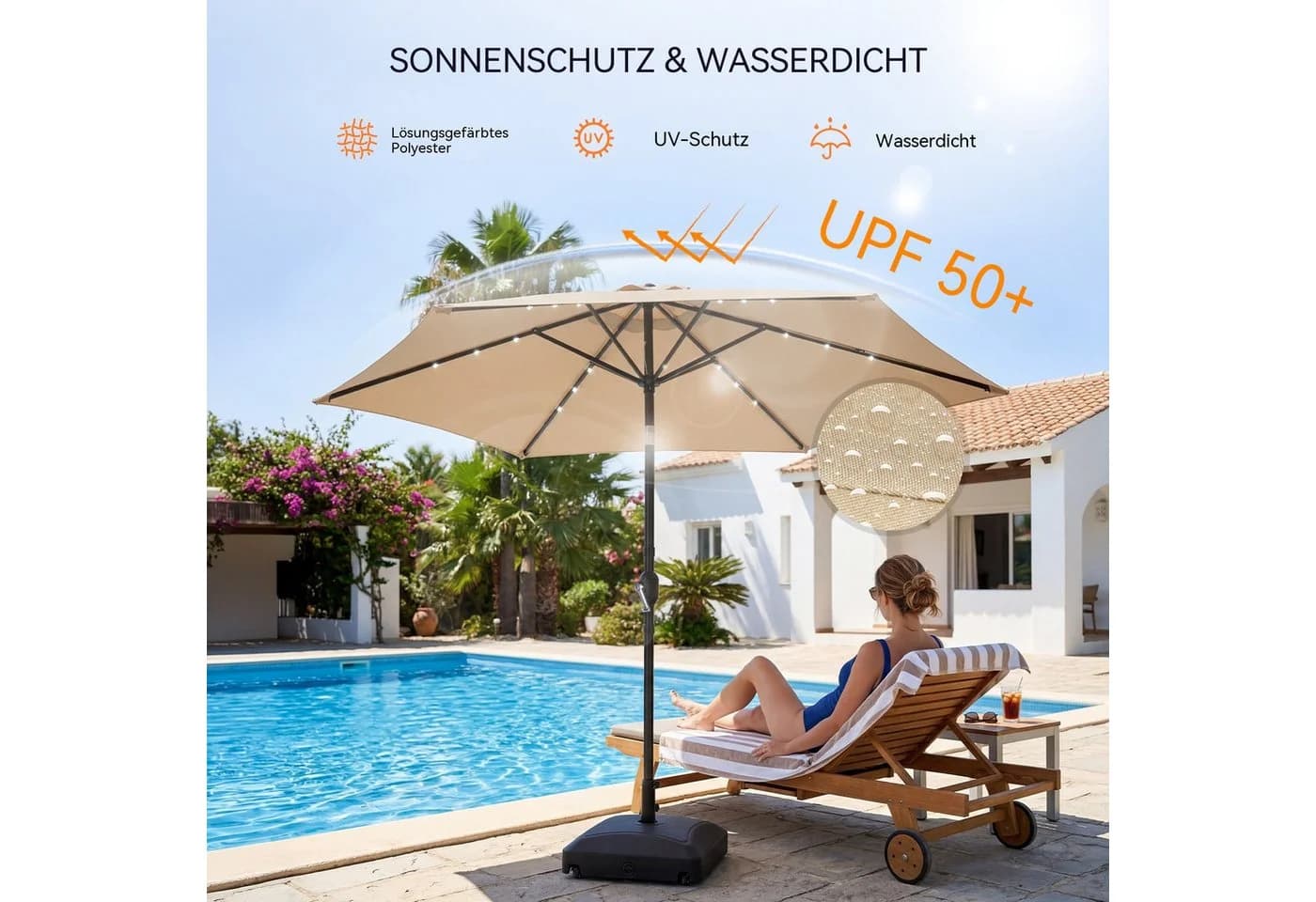 LALAHO Sonnenschirm Ø266cm mit Solar LED Beleuchtung, Kurbel & Neigung, Beige - Bild 4