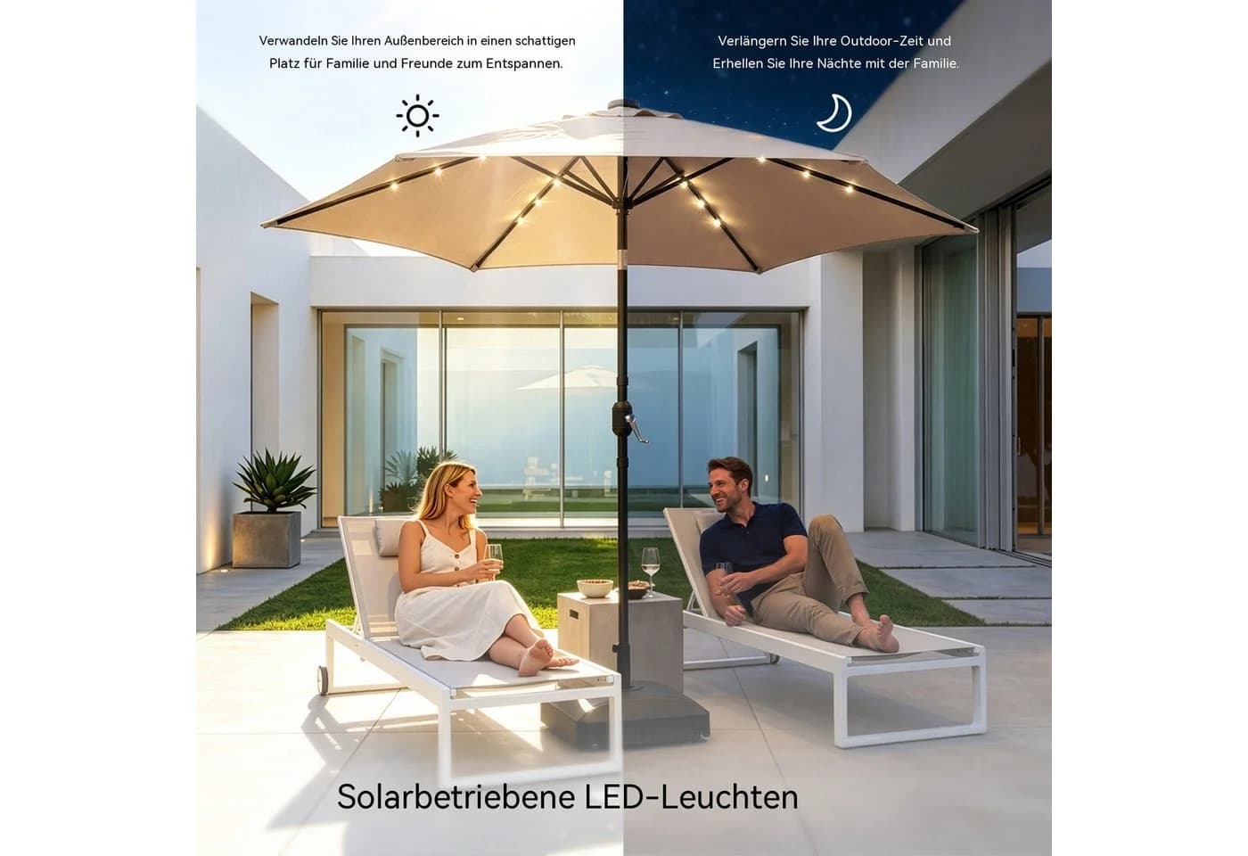 LALAHO Sonnenschirm Ø266cm mit Solar LED Beleuchtung, Kurbel & Neigung, Beige - Bild 5