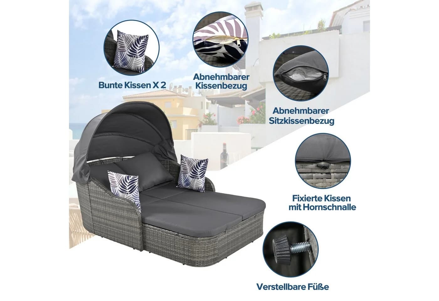 Merax Loungeset 5-tlg. Grau Polyrattan mit Sonnendach