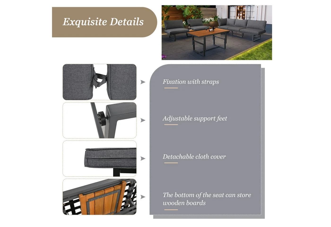 Merax Gartenlounge-Set 3-tlg. Grau Akazie höhenverstellbar