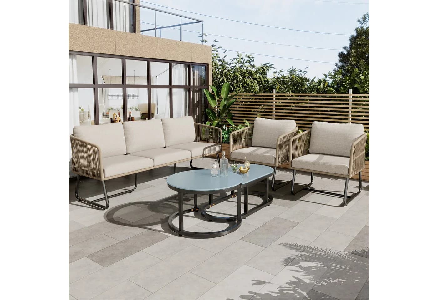 Merax Gartenlounge-Set 5-tlg. Beige Eisenrahmen Glastischplatte