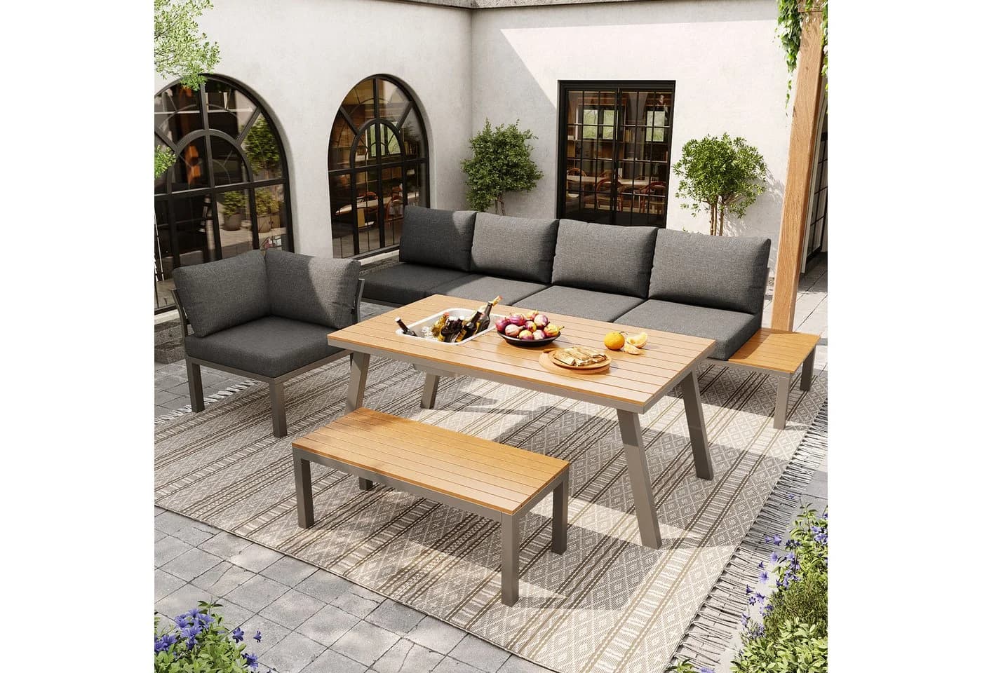 Merax Gartenlounge-Set Grau mit Eiskübel & Kissen