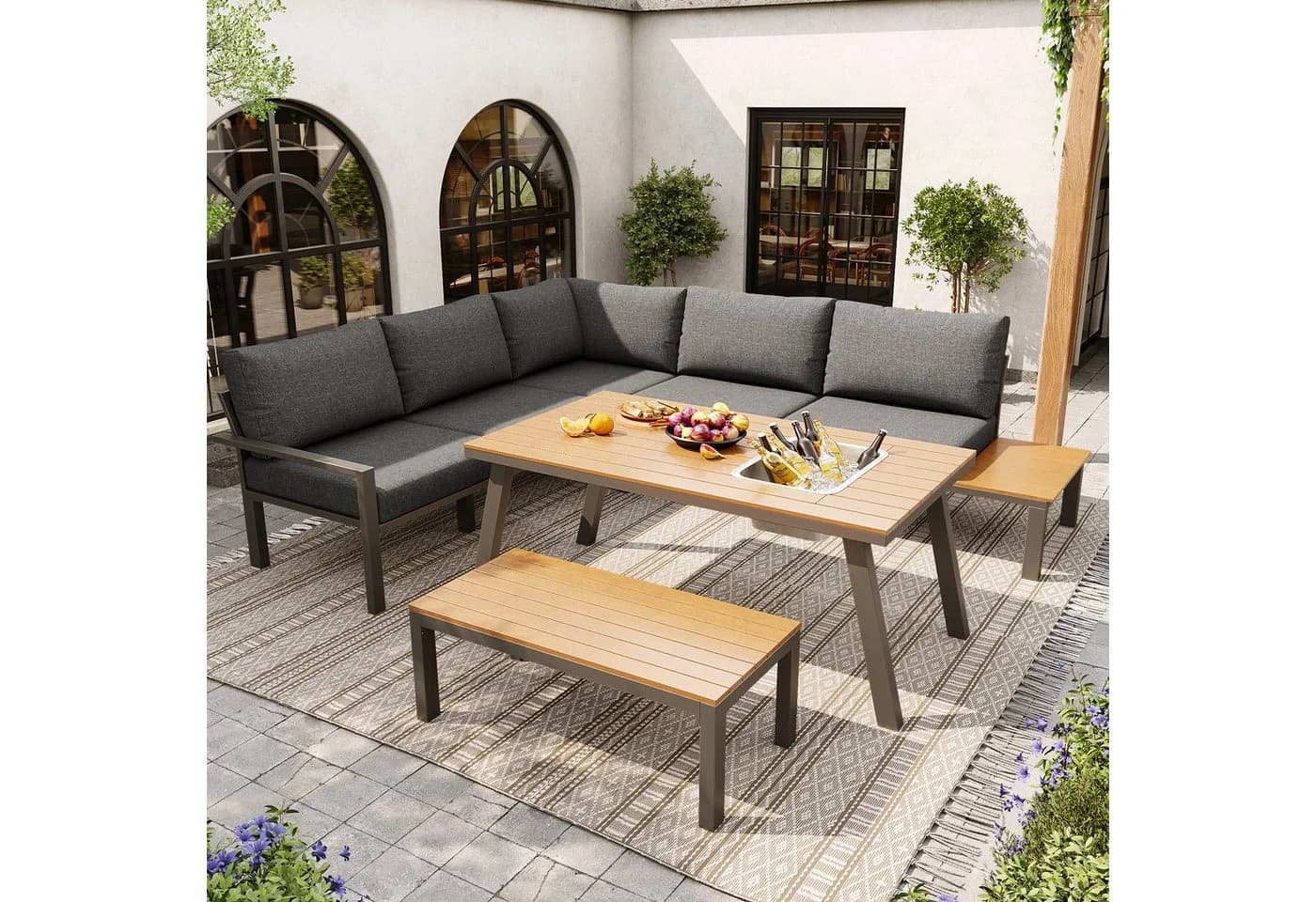 Merax Gartenlounge-Set Grau mit Eiskübel & Kissen - Bild 2