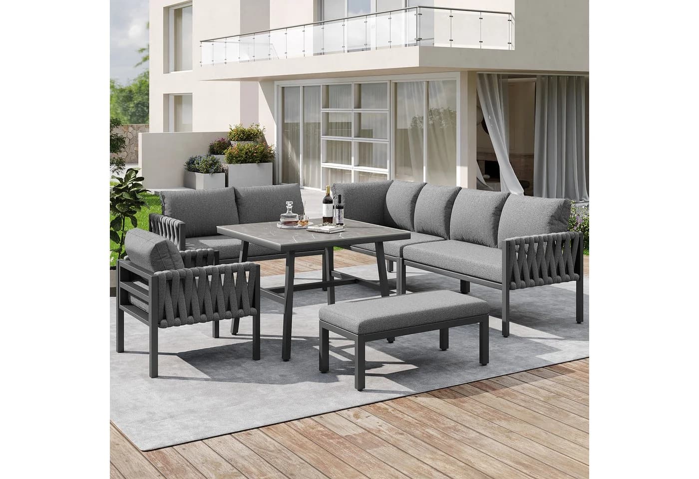Merax Gartenlounge-Set 5-tlg. Grau Seil Metall mit Kissen