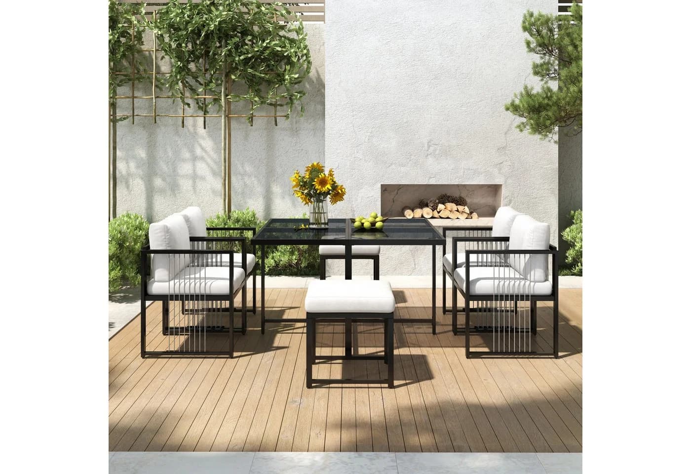 Merax 7-tlg. Sitzgruppe mit Glasplatte & Seil-Design