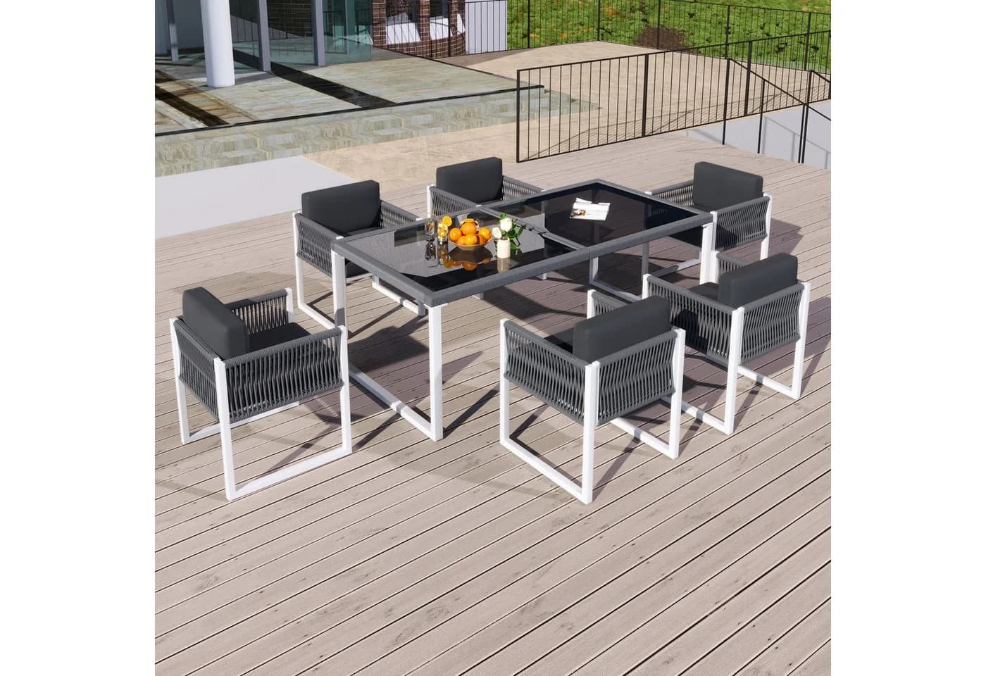 Merax 7-tlg. Gartenlounge Set Grau/Weiß mit Glasplatte