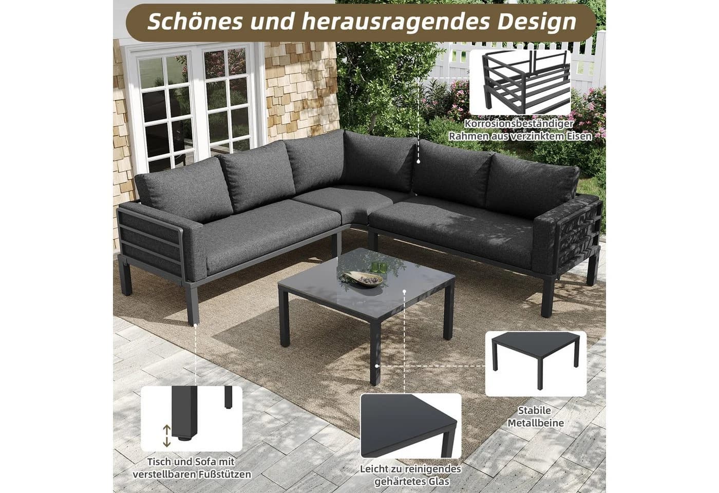 Merax Gartenlounge-Set 4-5-Sitzer Sofa Grau - Bild 5