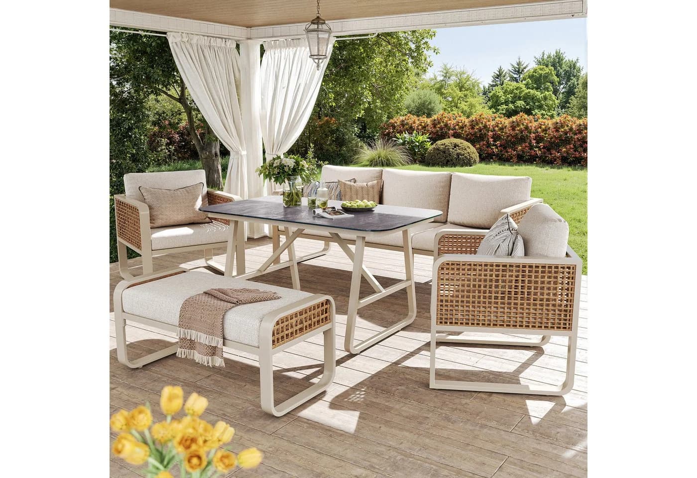 Flieks Gartenlounge-Set 7-tlg. Beige PE-Rattan mit Kissen