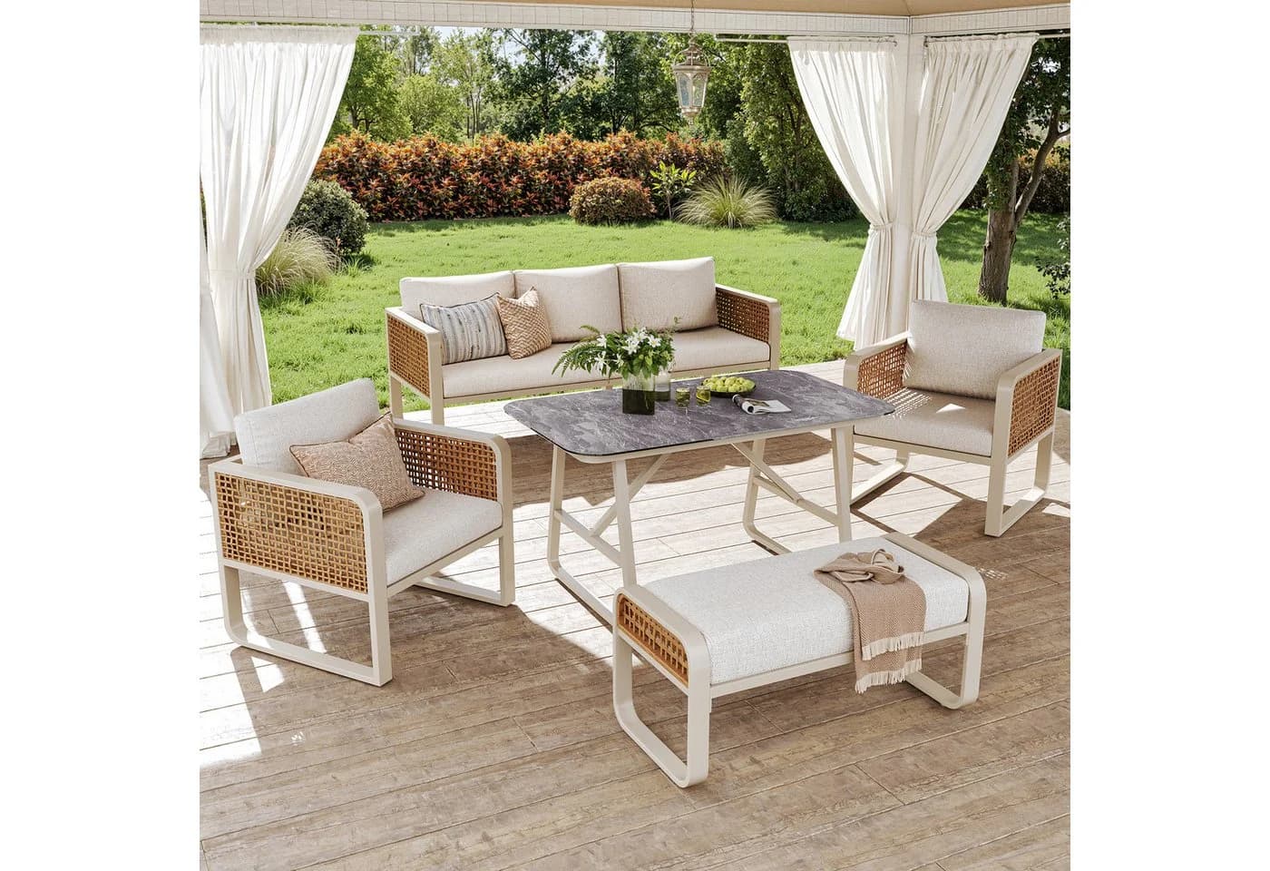 Flieks Gartenlounge-Set 7-tlg. Beige PE-Rattan mit Kissen - Bild 2