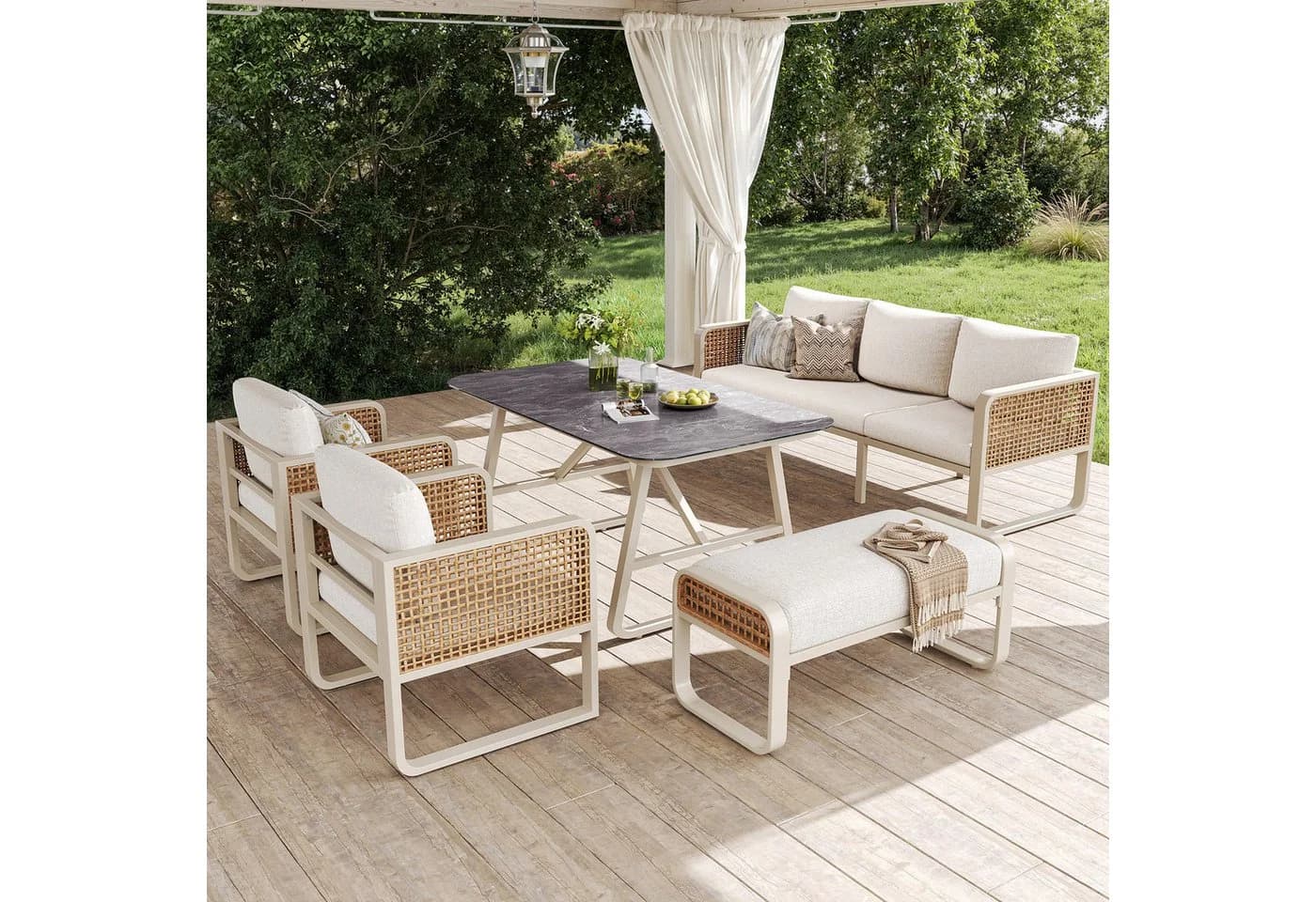 Flieks Gartenlounge-Set 7-tlg. Beige PE-Rattan mit Kissen - Bild 3