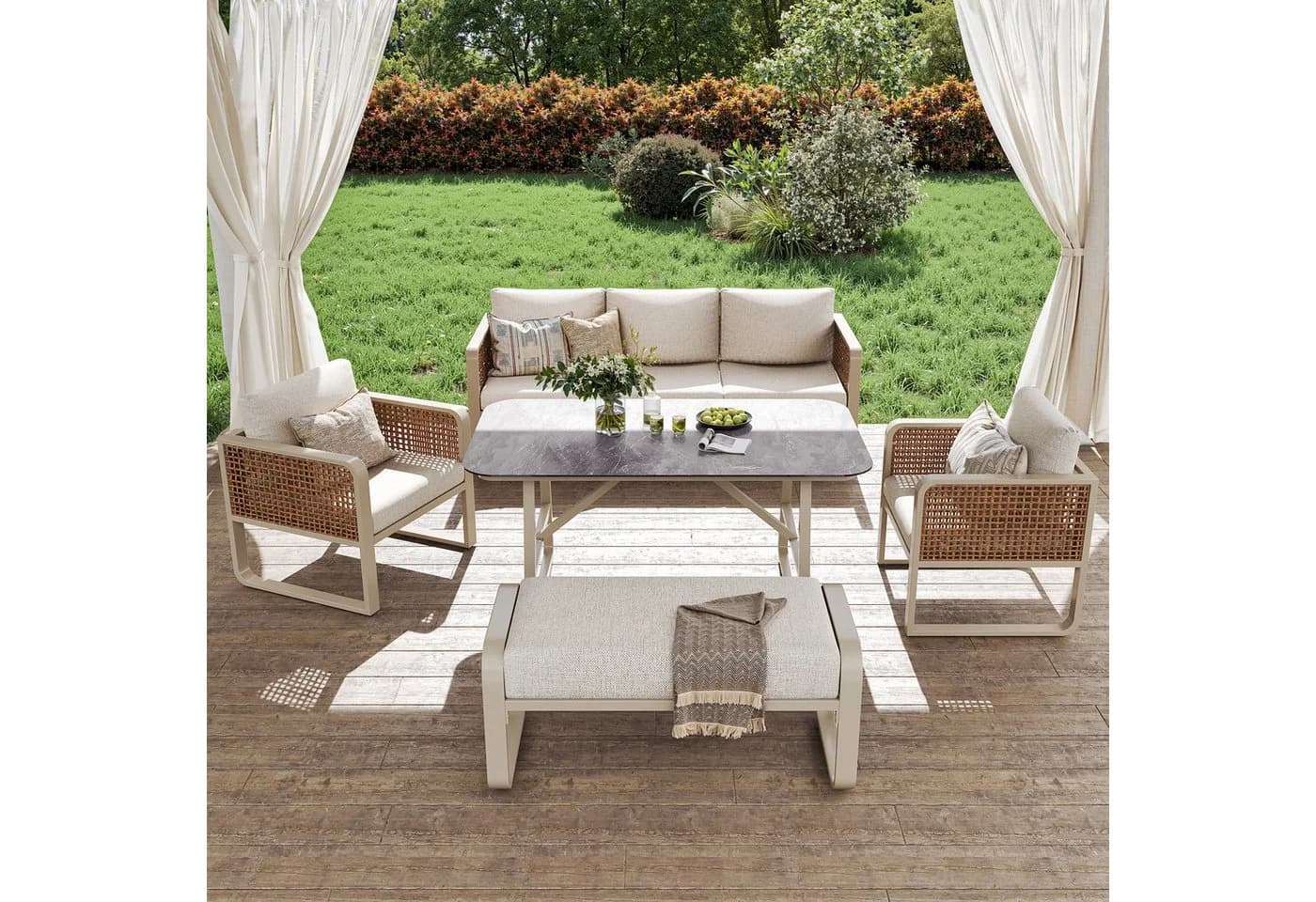 Flieks Gartenlounge-Set 7-tlg. Beige PE-Rattan mit Kissen - Bild 4