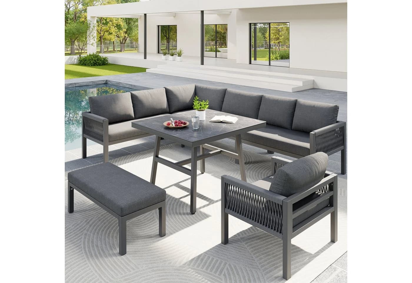 Flieks Gartenlounge-Set 8-Sitzer Grau L-förmig mit Seilgeflecht - Bild 2
