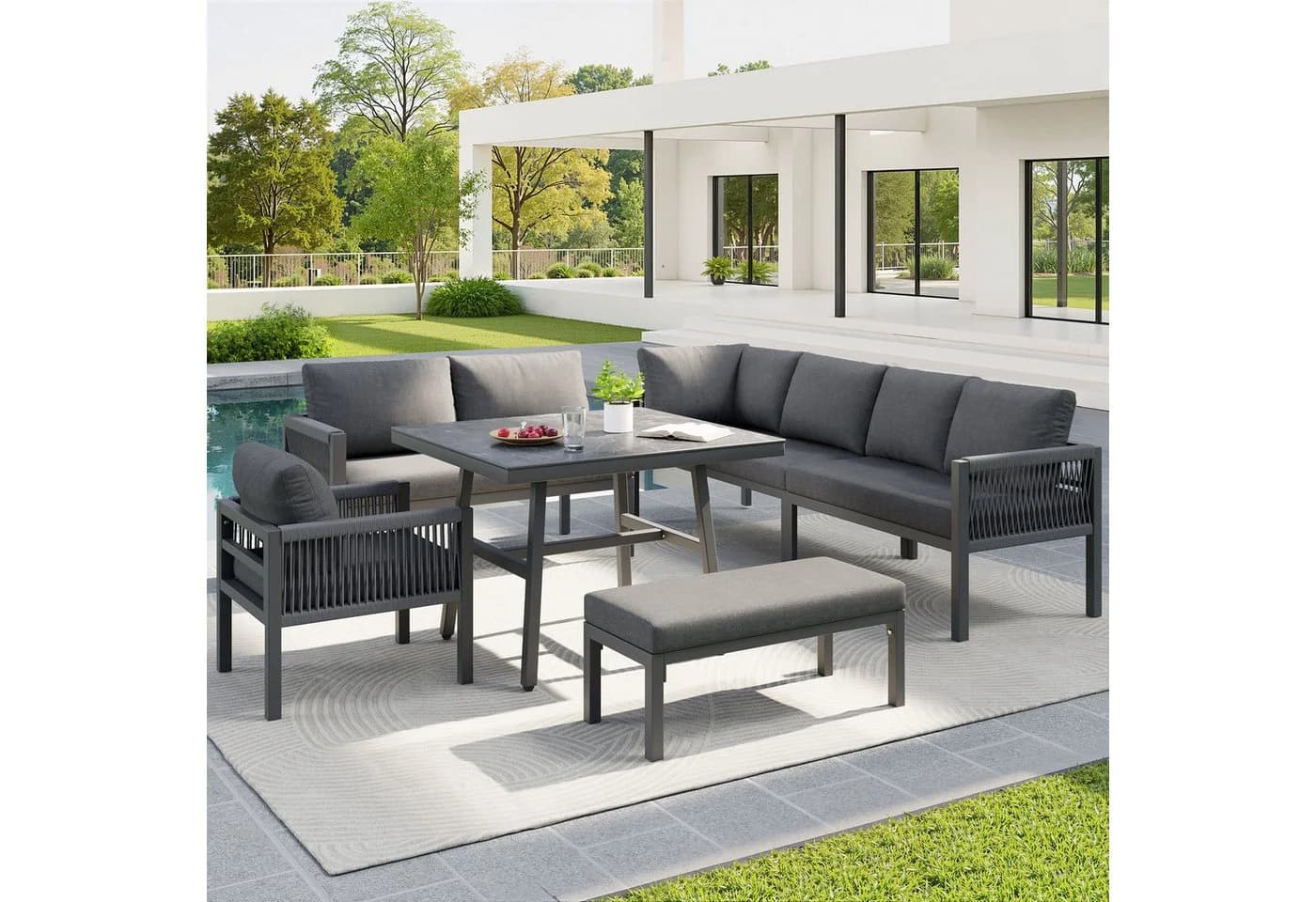 Flieks Gartenlounge-Set 8-Sitzer Grau L-förmig mit Seilgeflecht - Bild 3