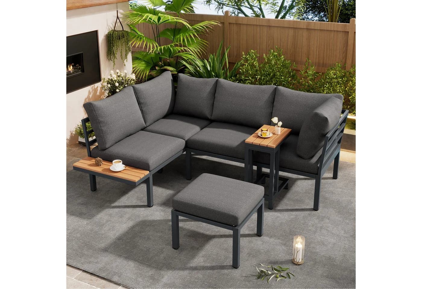 Flieks Gartenlounge-Set 5-Sitzer Grau mit Beistelltisch & Hocker