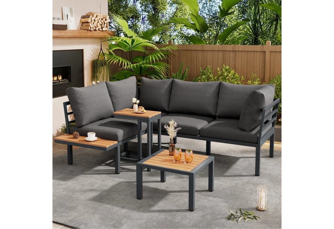 Flieks Gartenlounge-Set 5-Sitzer Grau mit Beistelltisch & Hocker - Bild 2