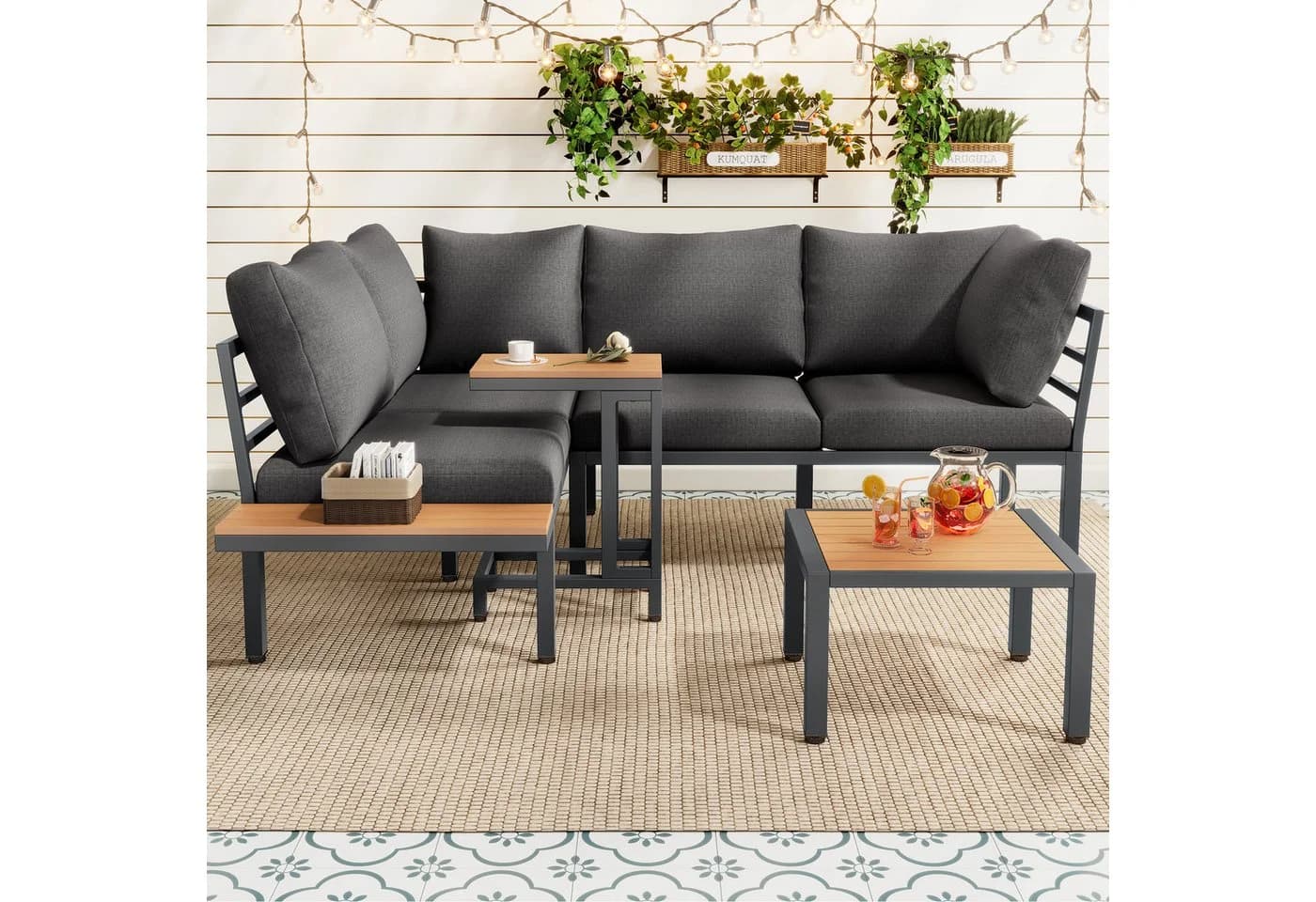 Flieks Gartenlounge-Set 5-Sitzer Grau mit Beistelltisch & Hocker - Bild 4