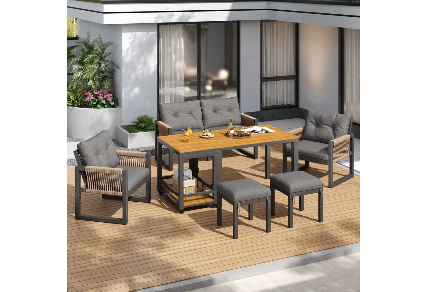 Flieks Gartenlounge-Set 6-Sitzer Grau mit abnehmbarem Tisch