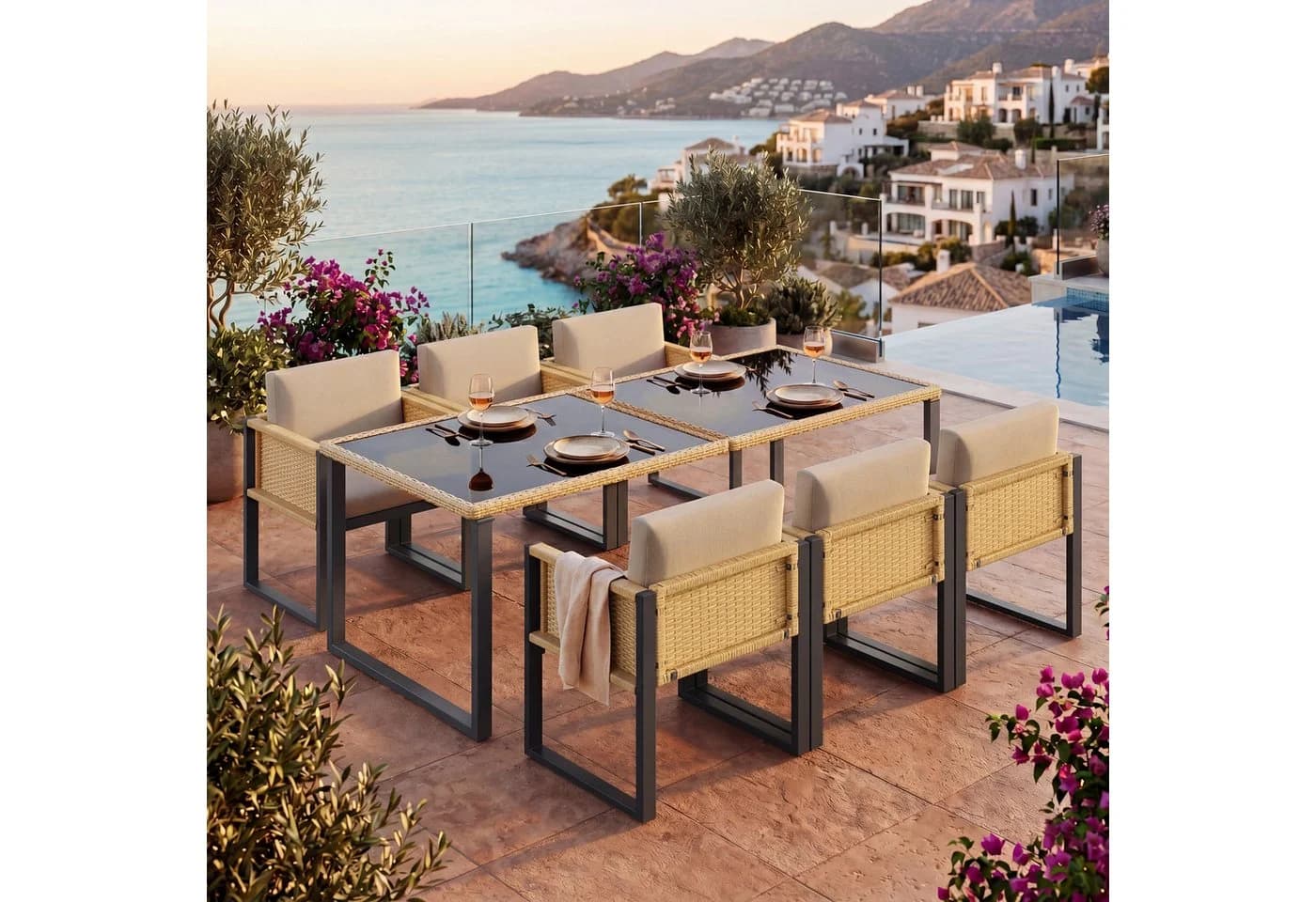 Flieks Garten-Essgruppe 7-tlg. Braunes Polyrattan Set mit 6 Stühlen & Tisch - Bild 2