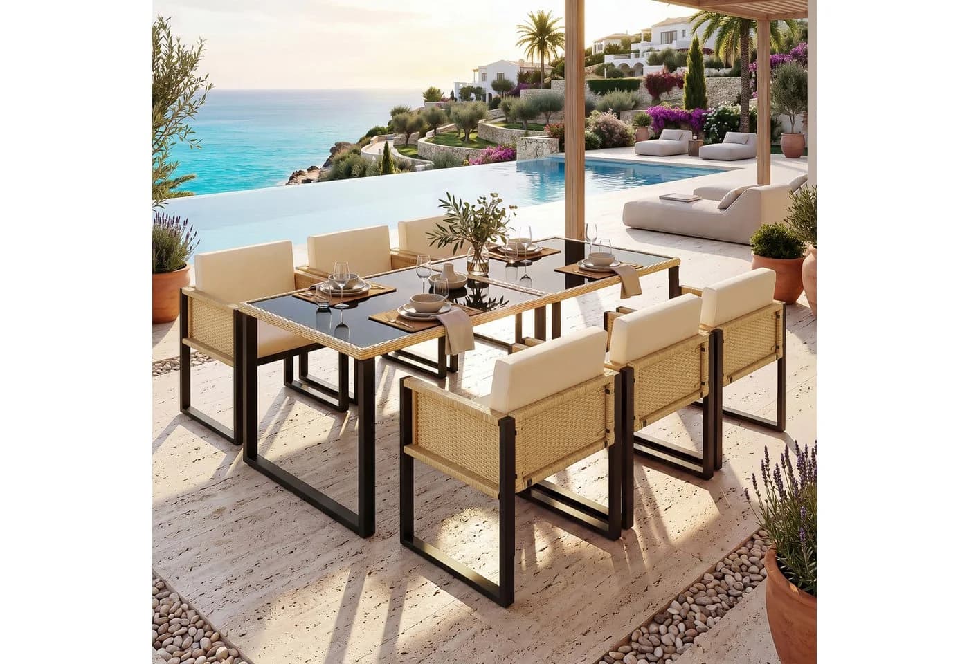 Flieks Garten-Essgruppe 7-tlg. Braunes Polyrattan Set mit 6 Stühlen & Tisch - Bild 3