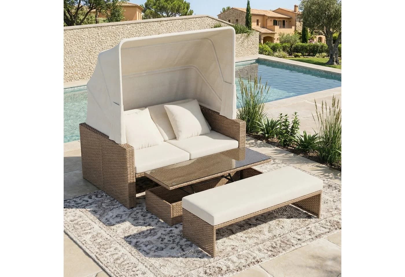 Flieks Gartenliege Gartensofa 2-4 Pers. Polyrattan mit Markise - Bild 2