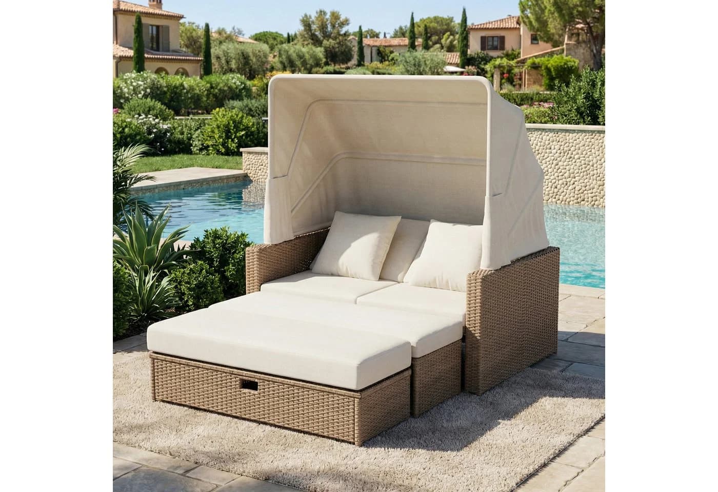 Flieks Gartenliege Gartensofa 2-4 Pers. Polyrattan mit Markise - Bild 3
