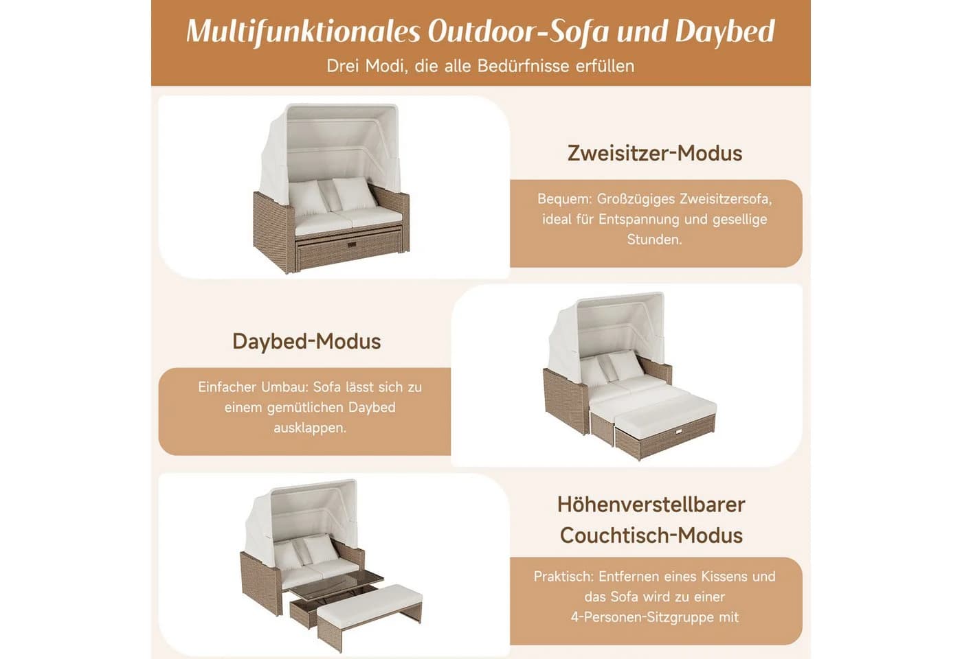 Flieks Gartenliege Gartensofa 2-4 Pers. Polyrattan mit Markise - Bild 4