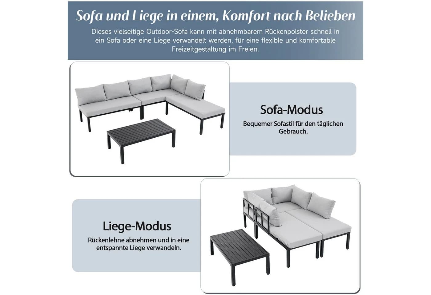 Flieks Gartenlounge-Set 6-Sitzer Grau Umwandelbar - Bild 4