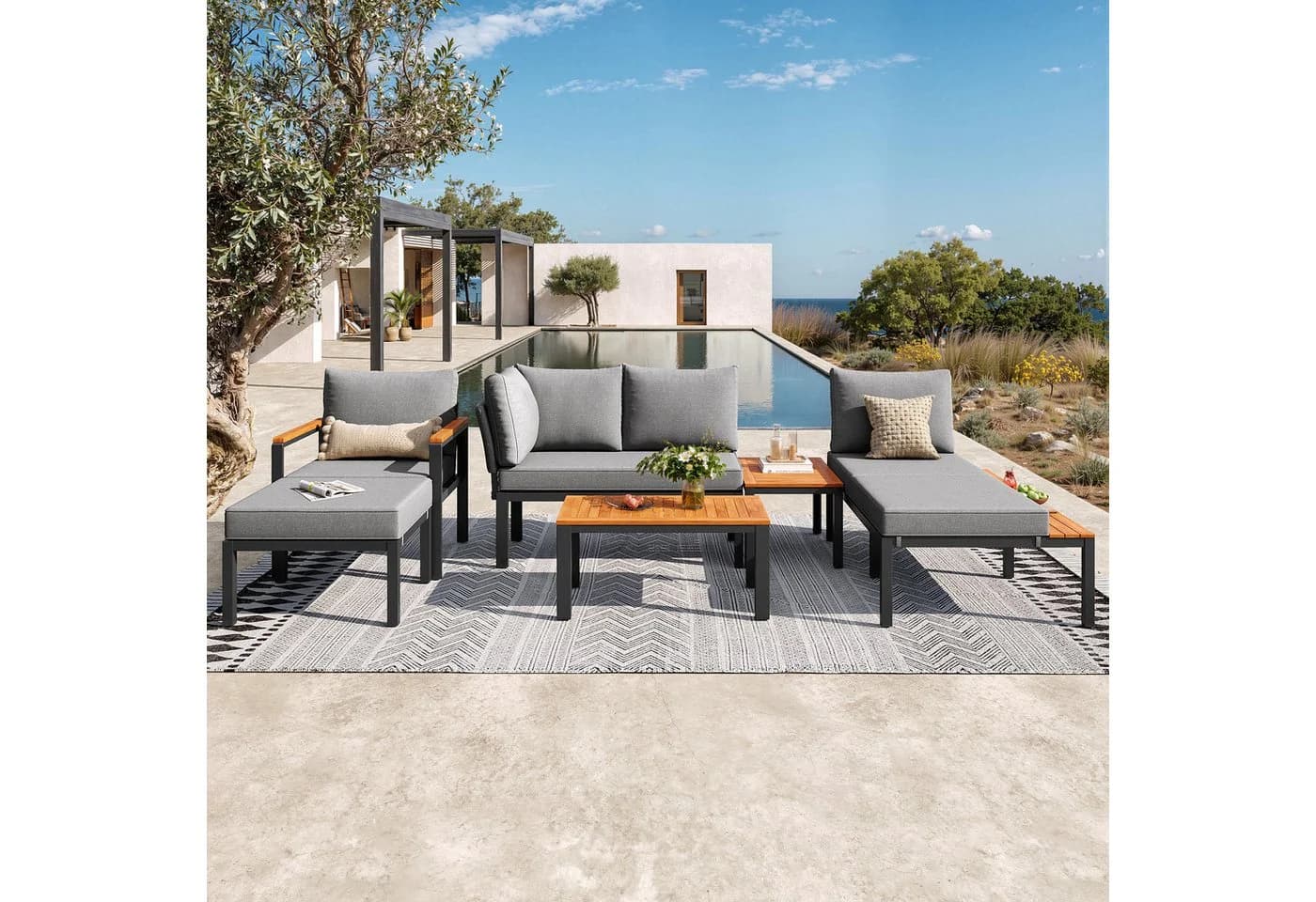 Flieks Gartenlounge-Set 6-Sitzer Ecksofa Grau