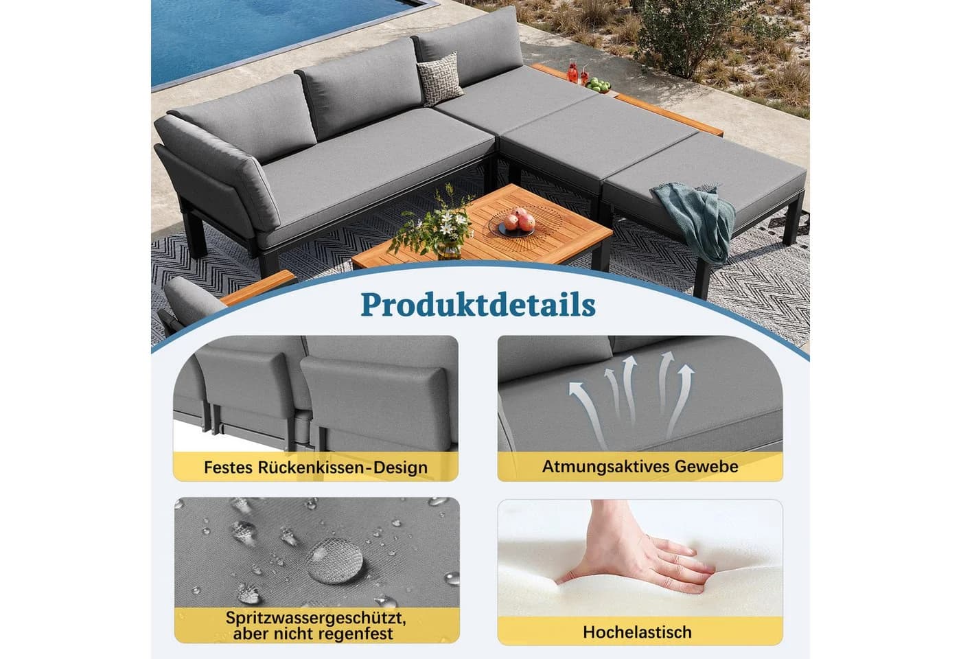 Flieks Gartenlounge-Set 6-Sitzer Ecksofa Grau - Bild 5