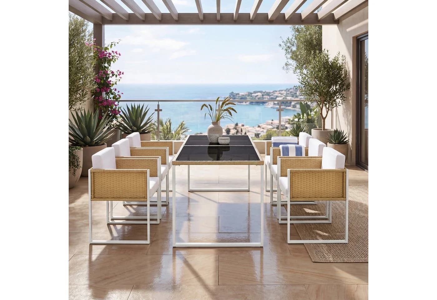 Flieks Garten-Essgruppe 7-tlg. Weiß Polyrattan mit Kissen