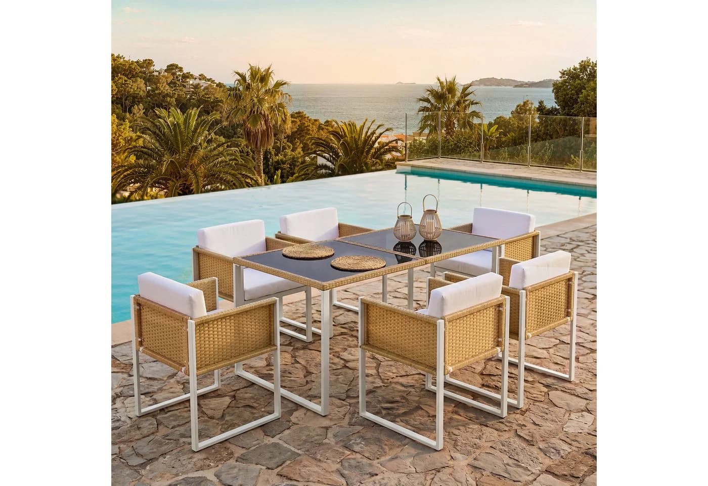 Flieks Garten-Essgruppe 7-tlg. Weiß Polyrattan mit Kissen - Bild 2