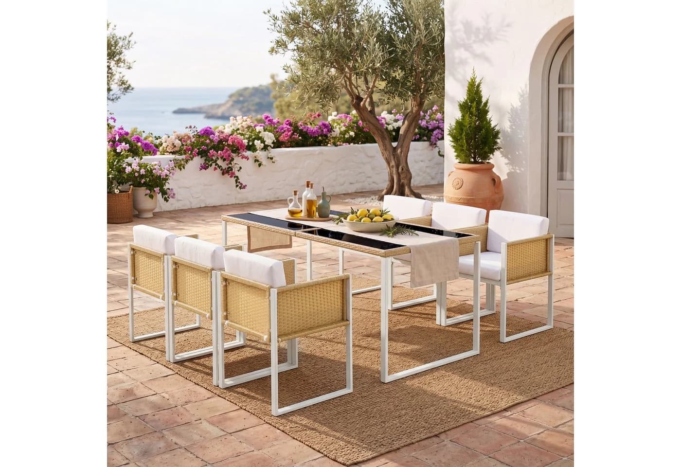 Flieks Garten-Essgruppe 7-tlg. Weiß Polyrattan mit Kissen - Bild 3